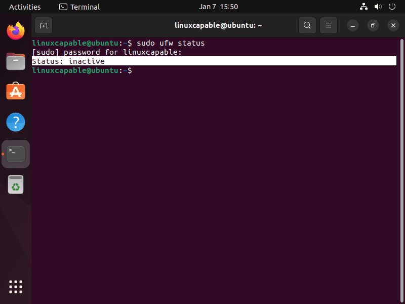 UFW firewall status inactive on Ubuntu Linux