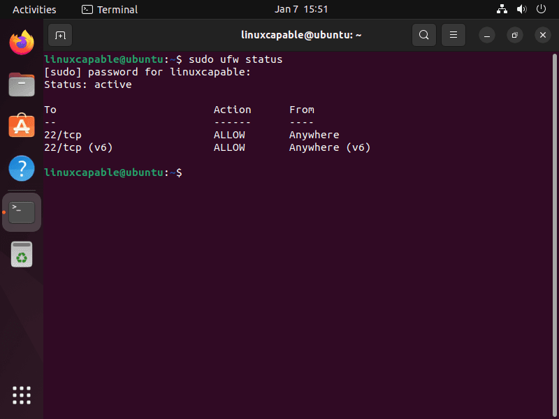 UFW status output on Ubuntu Linux