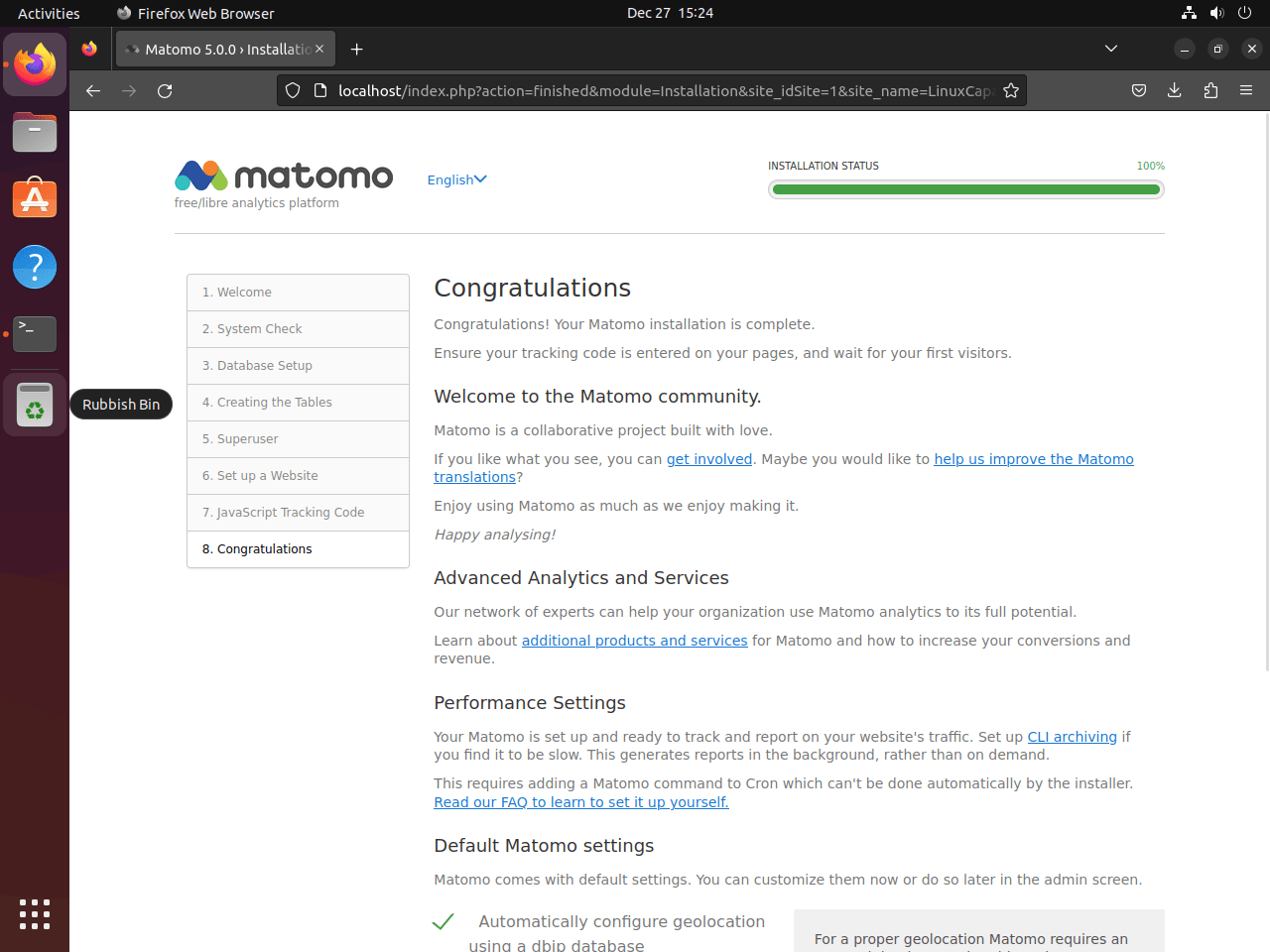 Matomo web UI setup wizard completed installation on Ubuntu Linux