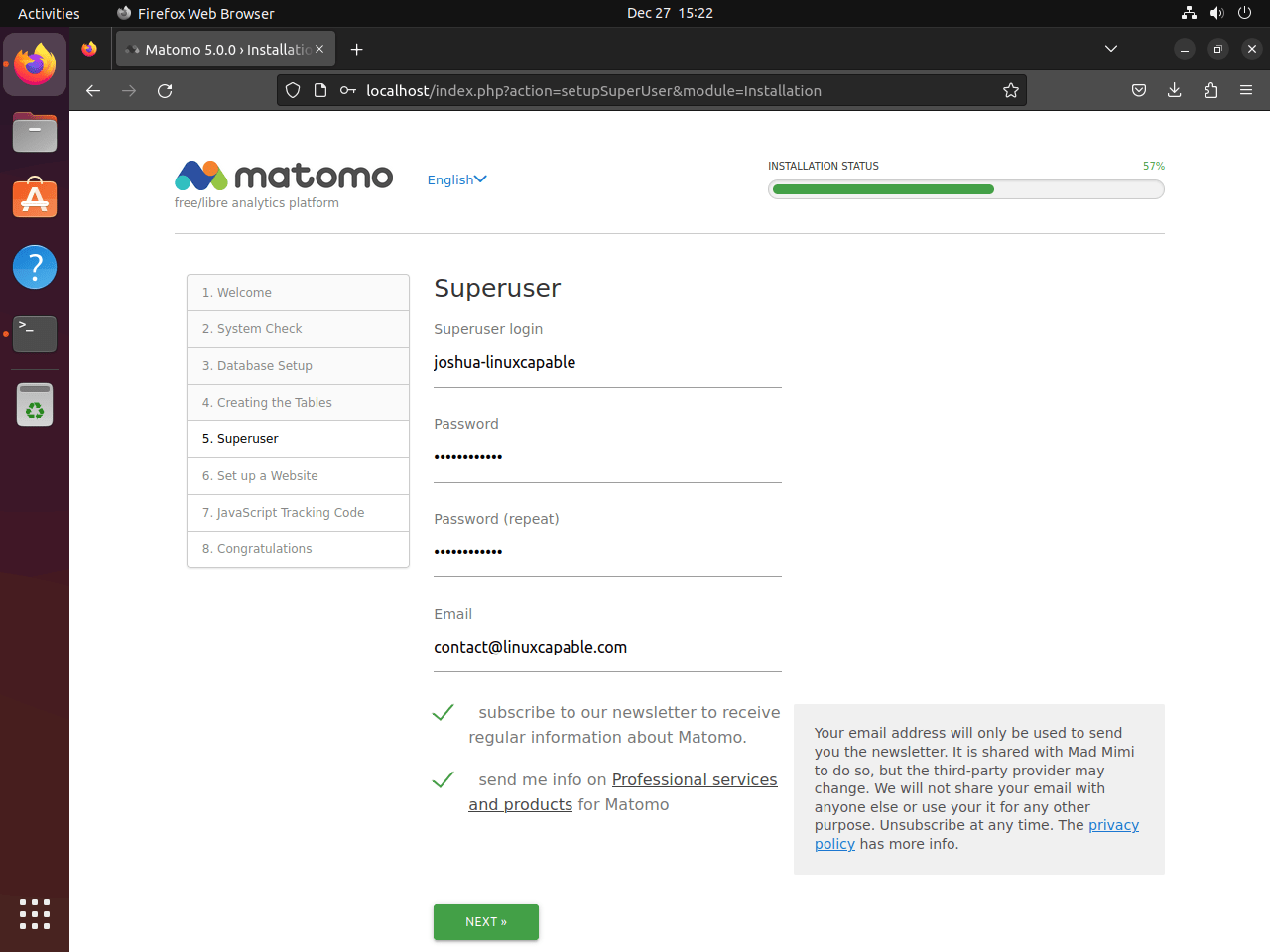 Matomo web UI setup wizard create superuser account on Ubuntu Linux