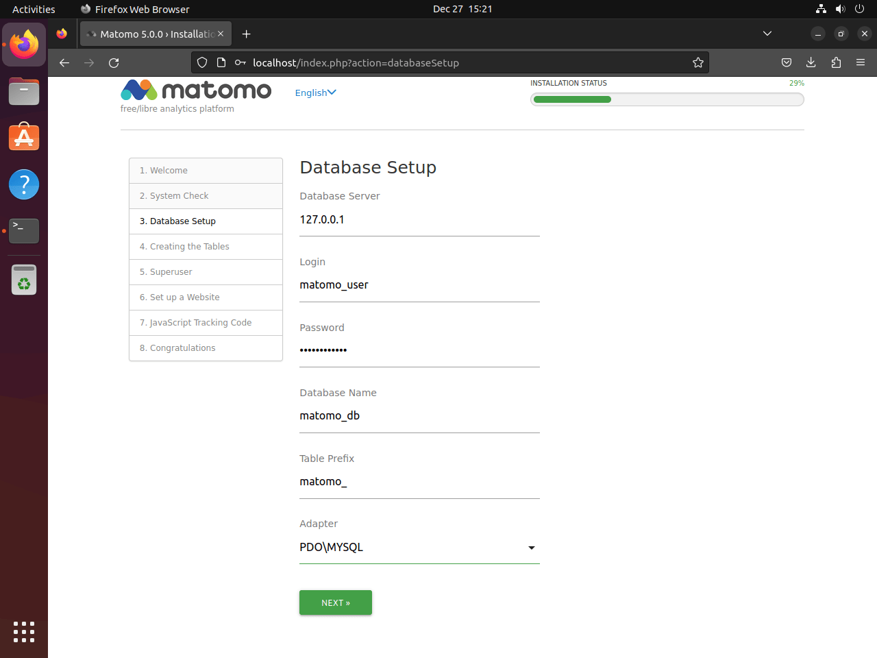 Matomo web UI setup wizard database setup on Ubuntu Linux