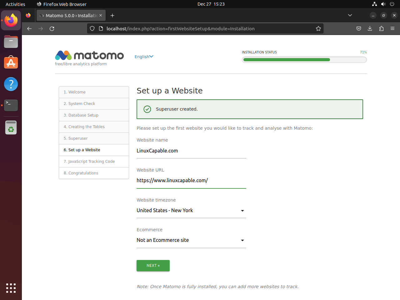 Matomo web UI setup wizard set up a website on Ubuntu Linux