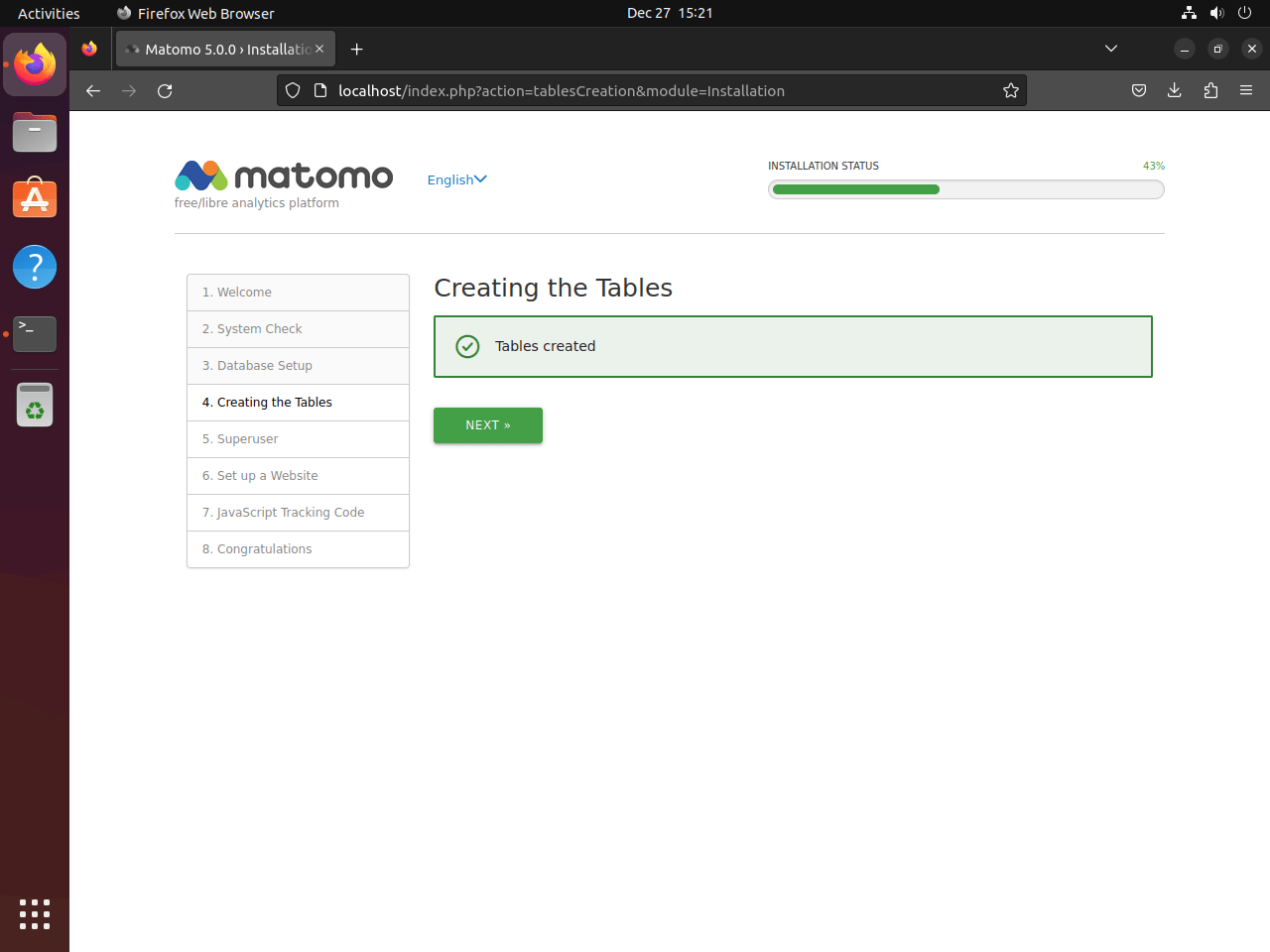 Matomo web UI setup wizard successfully created database tables on Ubuntu Linux