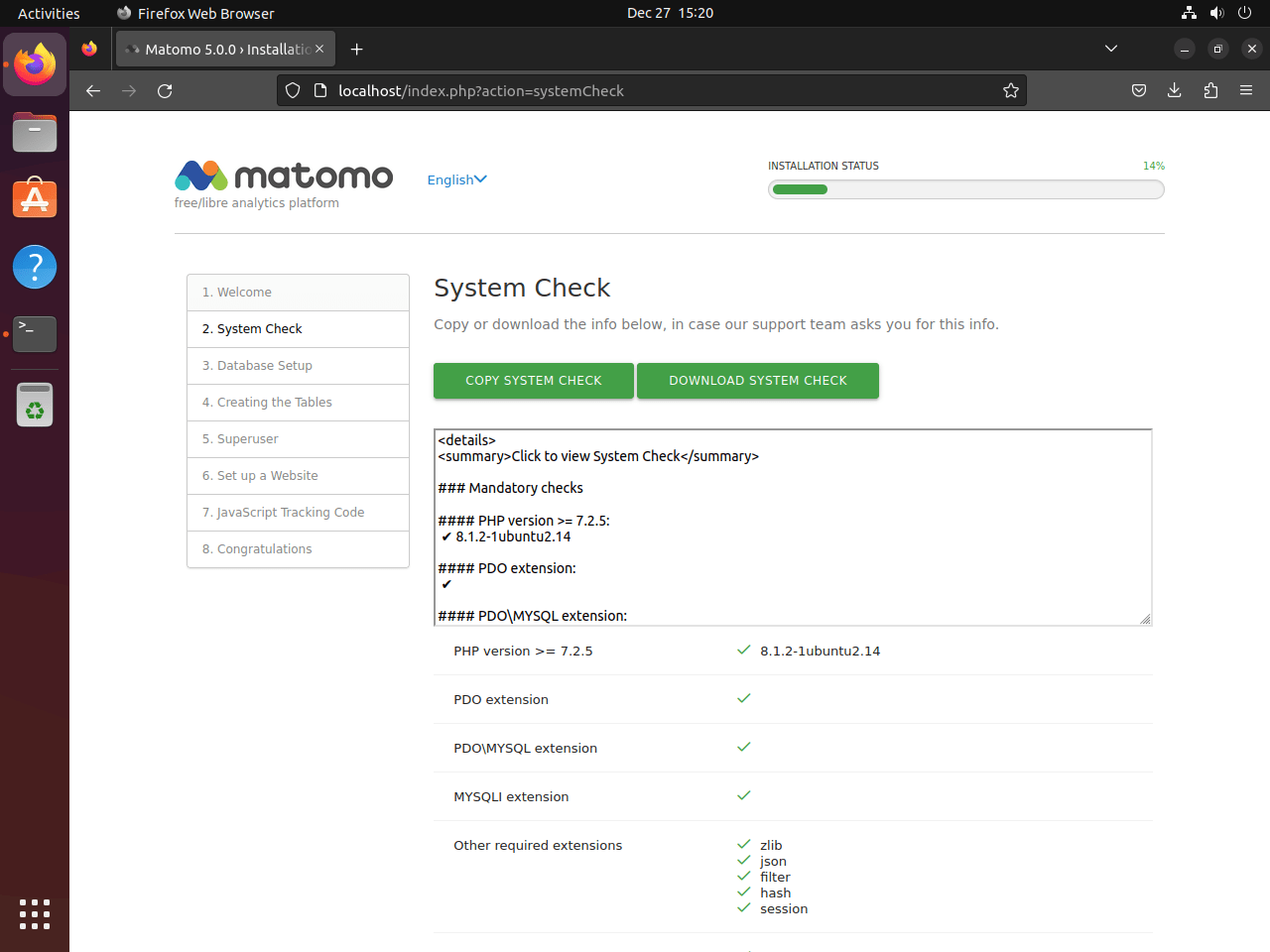 Matomo web UI setup wizard system check OK on Ubuntu Linux