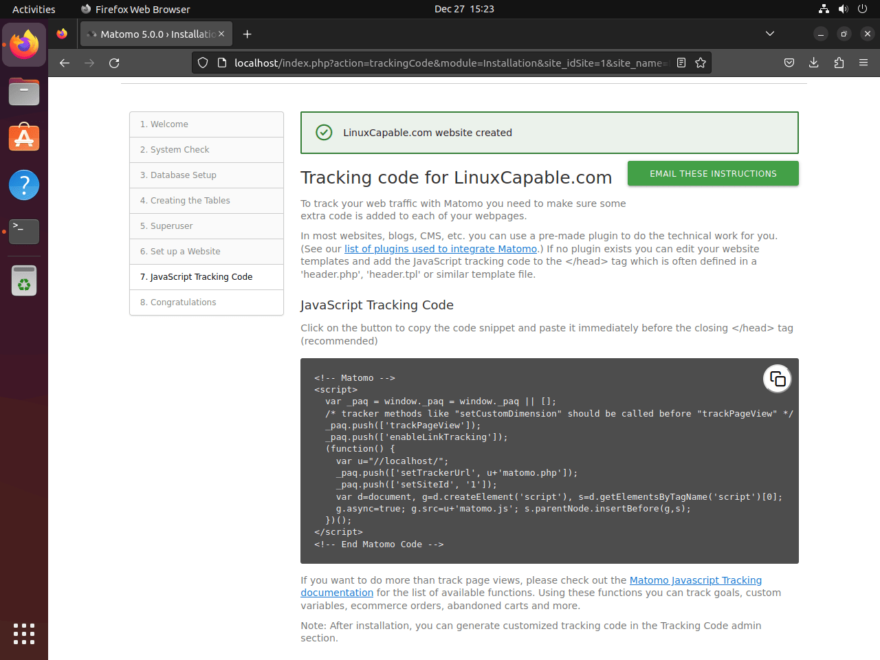 Matomo web UI setup wizard tracking code on Ubuntu Linux