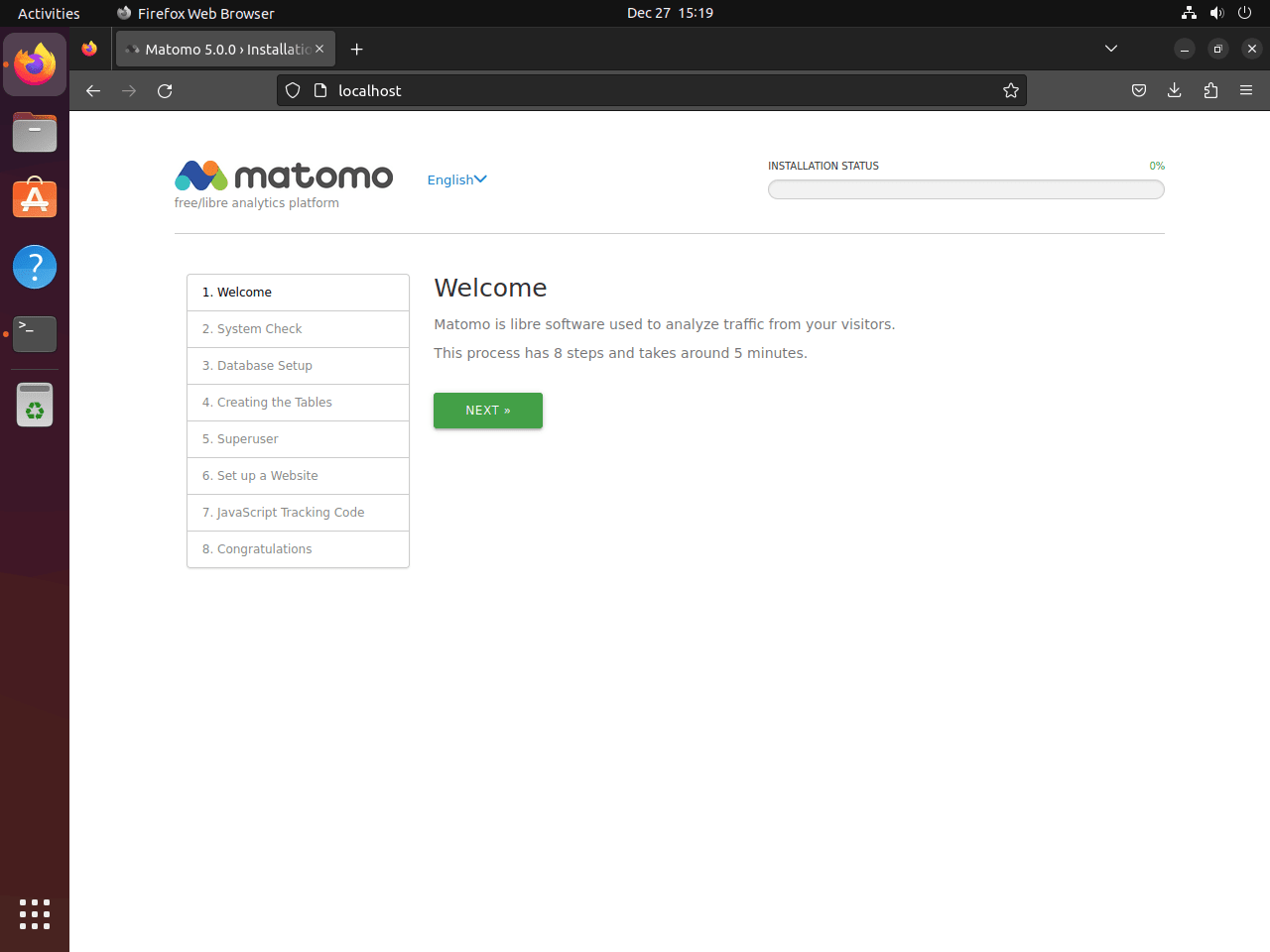 Matomo web UI setup wizard welcome screen on Ubuntu Linux