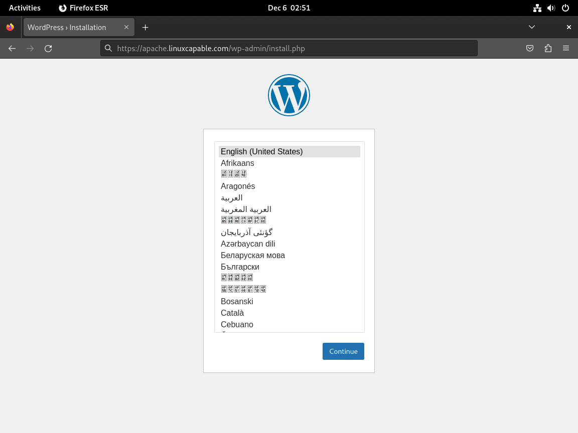 Sélectionnez la langue lors de l'installation de WordPress LAMP sur Debian