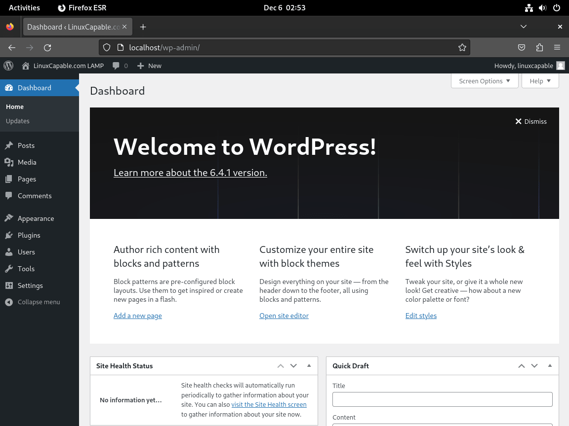 Tableau de bord d'administration WordPress sur Debian avec LAMP