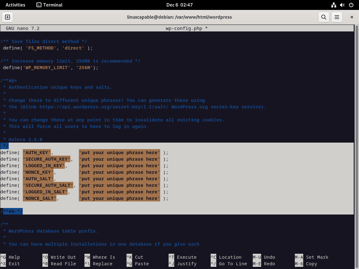 Remplacement des clés salt dans le fichier de configuration WordPress sur Debian pour LAMP