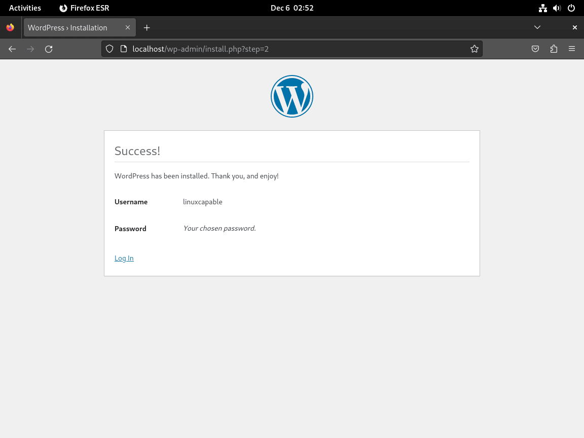 WordPress installé avec succès sur Debian avec LAMP