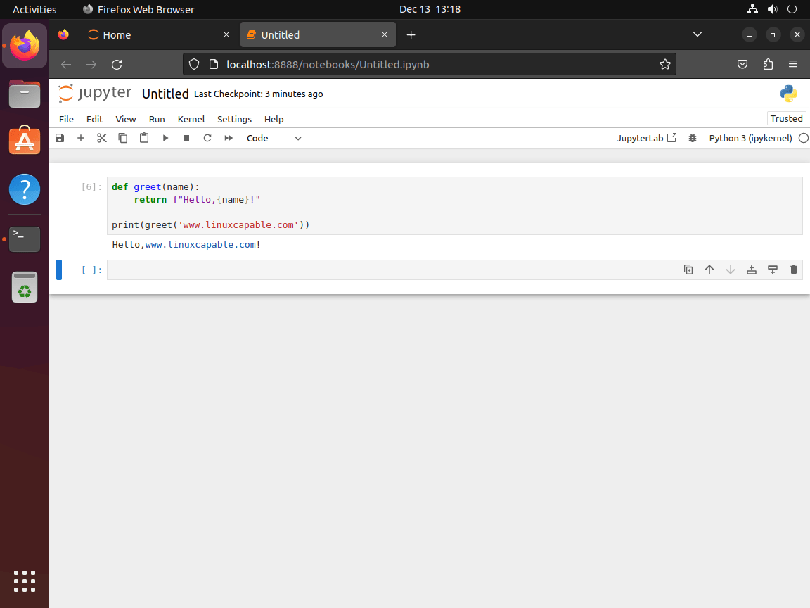 Using Python code "Hello" example in Jupyter Notebook on Ubuntu Linux