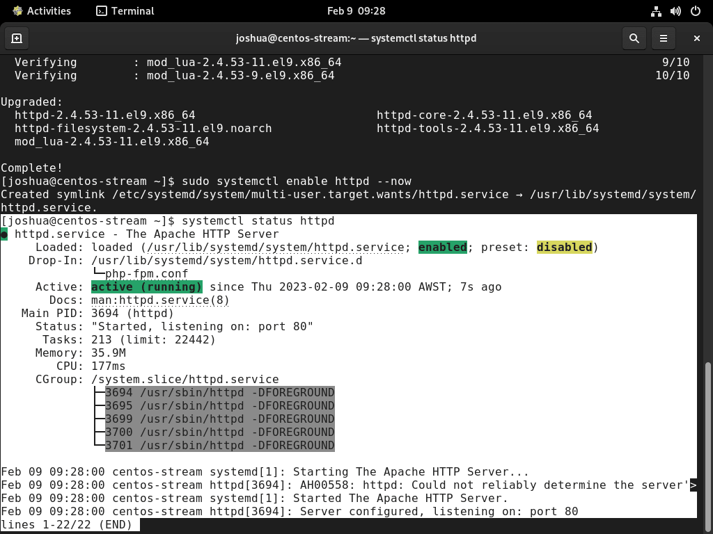 Estado de Systemctl correcto para Apache en CentOS Stream