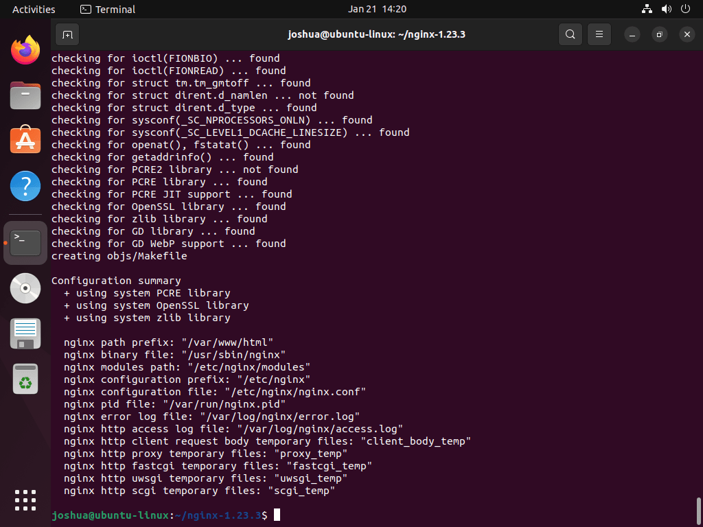 Terminal output for configuring NGINX build on Ubuntu Linux