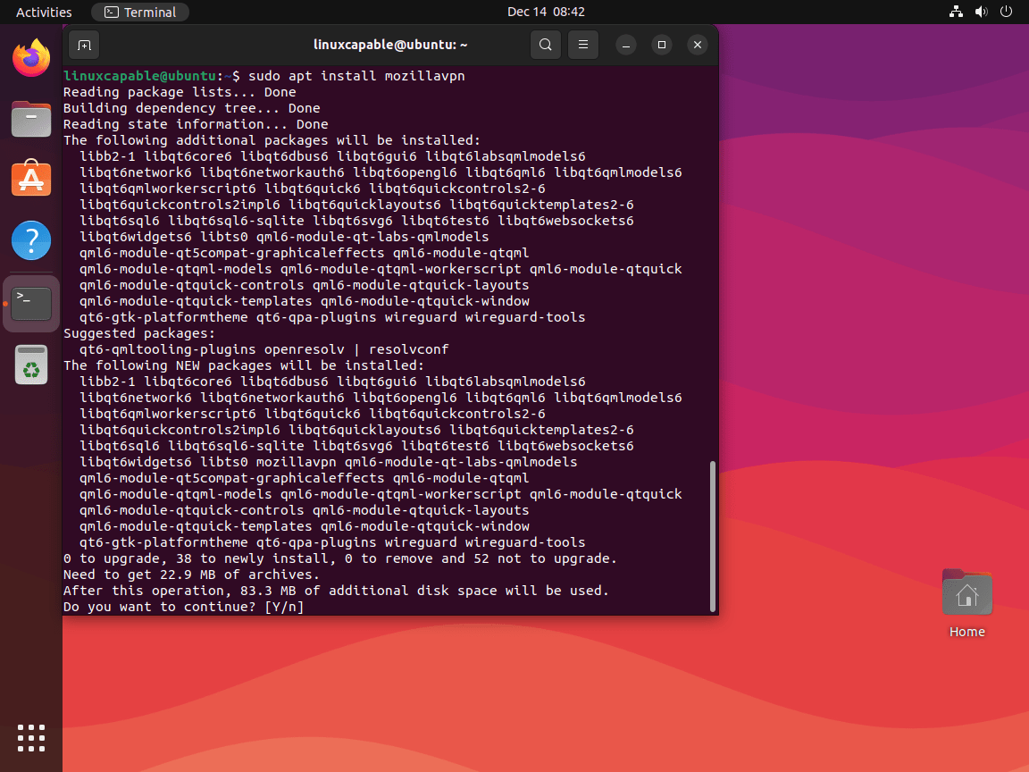 Terminal output showing packages to install with MozillaVPN on Ubuntu Linux