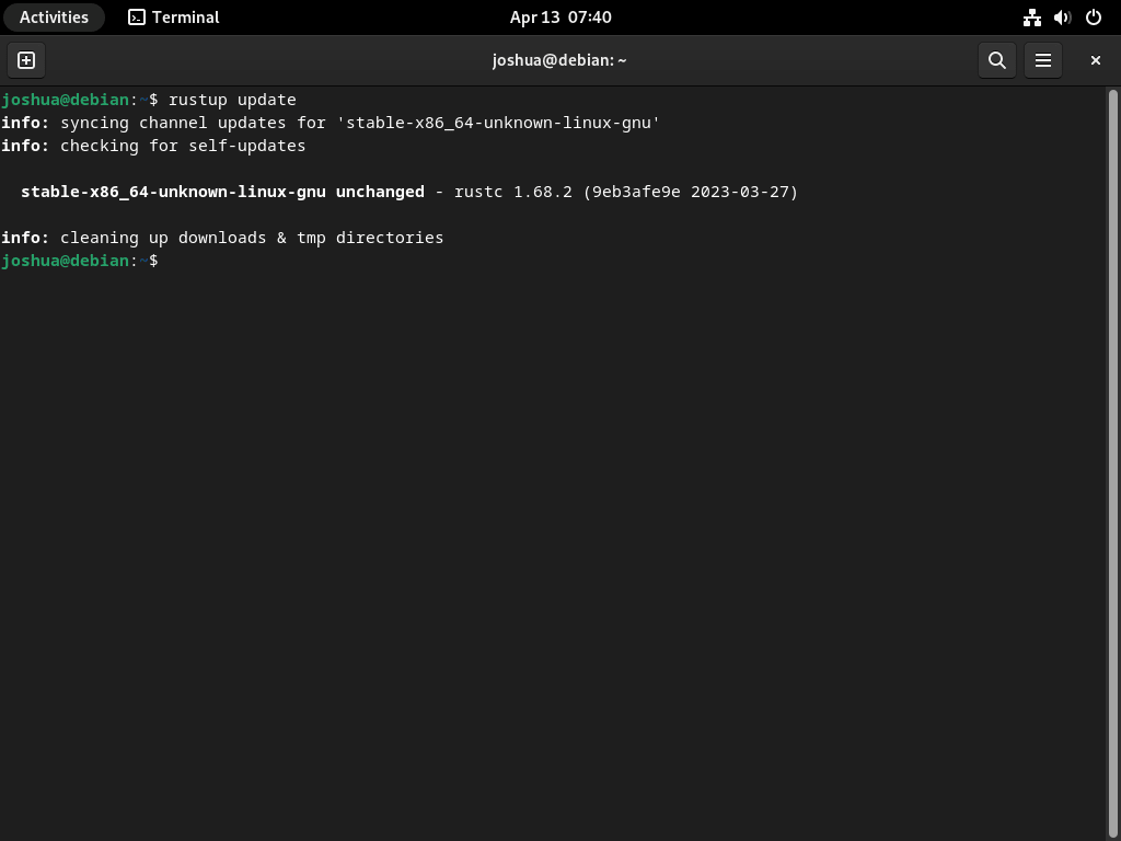 Mise à jour de Rust dans la sortie du terminal sur Debian Linux