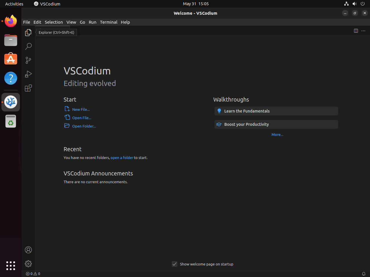 VSCodium default UI on Ubuntu Linux