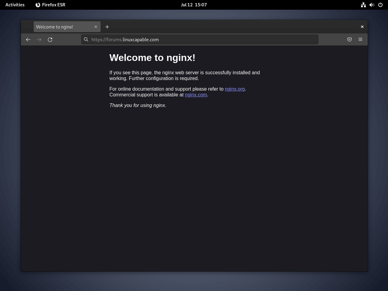 Bienvenue dans le test Nginx pour l'installation de phpBB sur Debian Linux