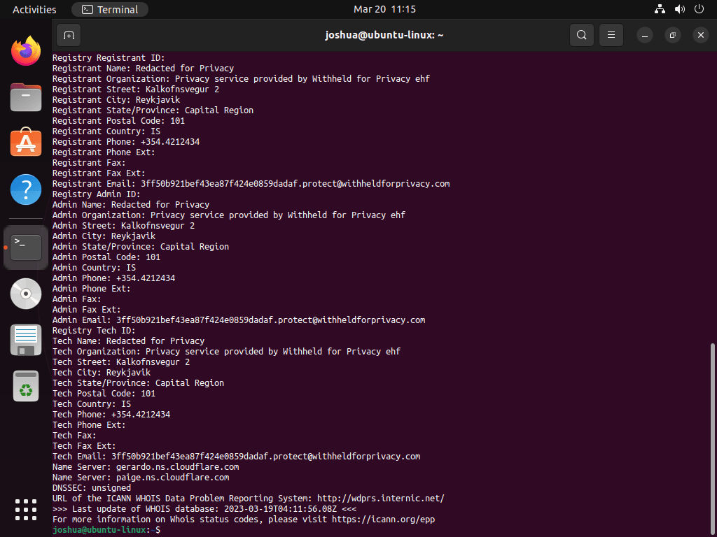 Whois query for linuxcapable.com domain on Ubuntu Linux