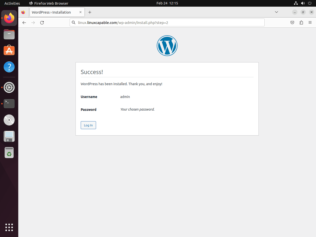 Installation de l'interface graphique frontale WordPress terminée sur Ubuntu Linux