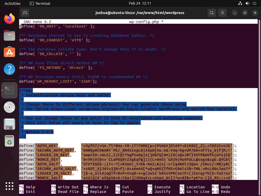 Clés de sel WordPress dans le fichier de configuration sur Ubuntu Linux