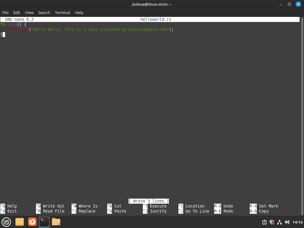 Écriture de l'application Hello World Rust sur Linux Mint