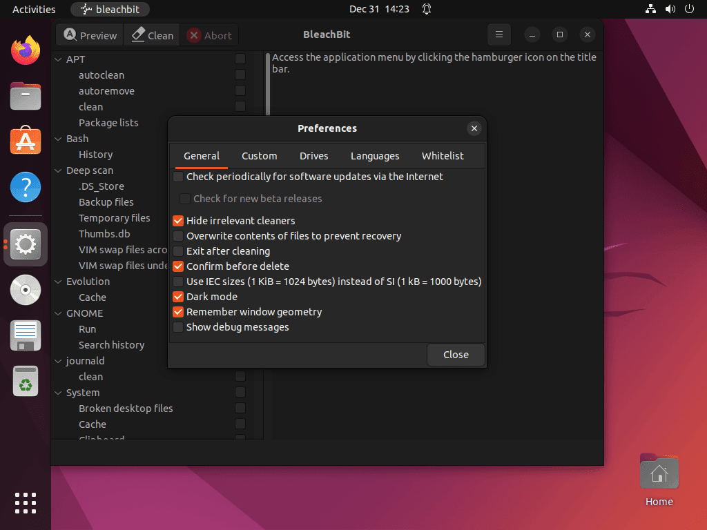 First-time configuration options for deep scan with BleachBit on Ubuntu Linux