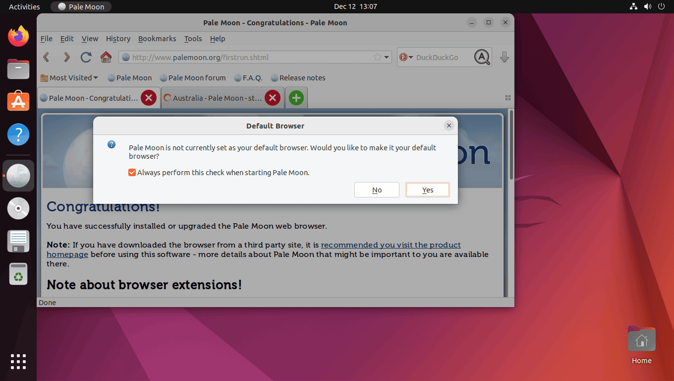 First-time pop-up for Pale Moon Browser on Ubuntu Linux