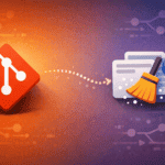 Git logo with file cache being cleared by a broom icon representing git rm cached command