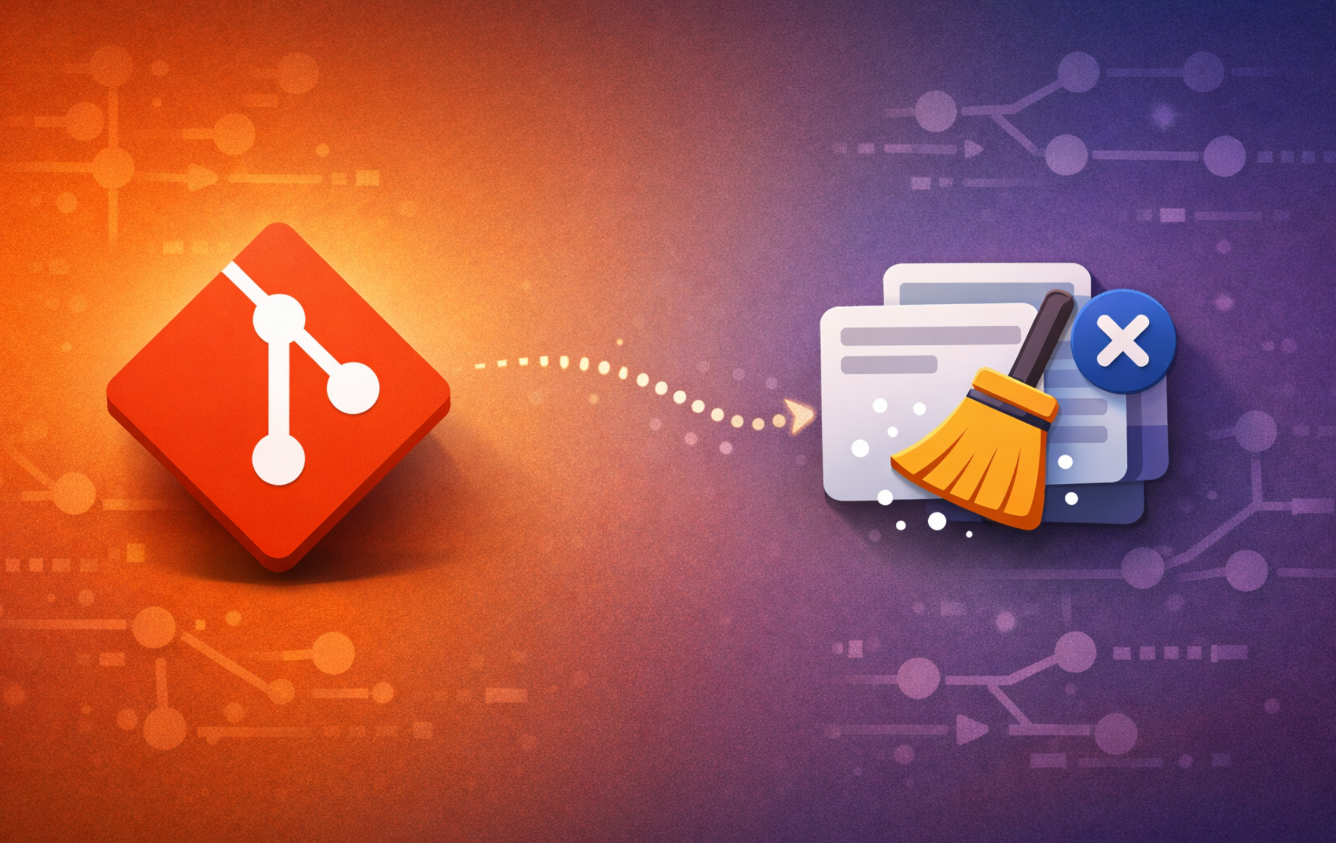 Git logo with file cache being cleared by a broom icon representing git rm cached command