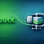 Nginx logo with compression visualization showing files being reduced in size through a mechanical press
