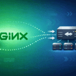 Nginx logo with arrows pointing to multiple server nodes illustrating reuseport connection distribution