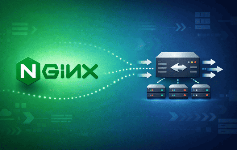 Nginx logo with arrows pointing to multiple server nodes illustrating reuseport connection distribution