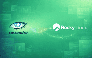 Apache Cassandra and Rocky Linux logos on green tech background