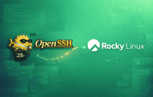 OpenSSH and Rocky Linux logos on a green terminal background representing SSH server installation
