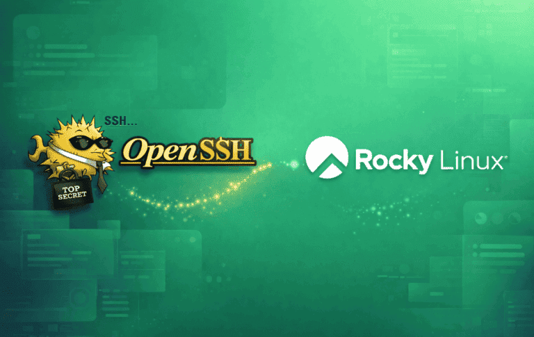 OpenSSH and Rocky Linux logos on a green terminal background representing SSH server installation