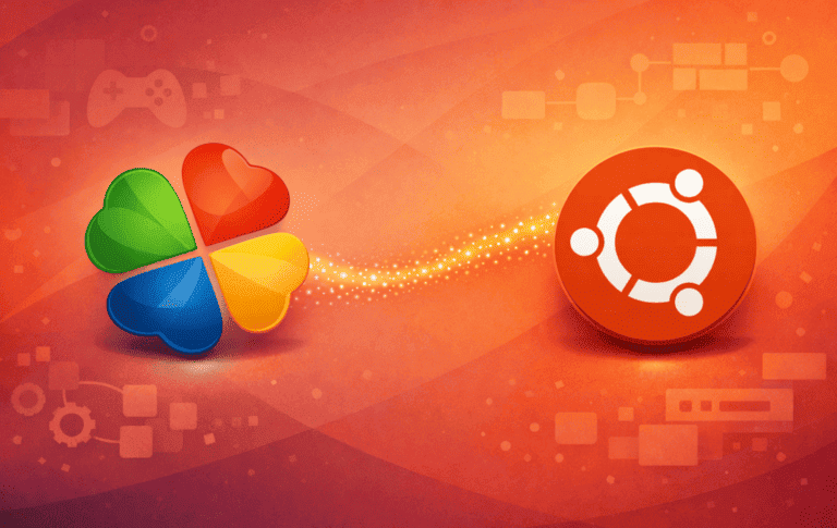 PlayOnLinux and Ubuntu logos on an orange background with gaming icons