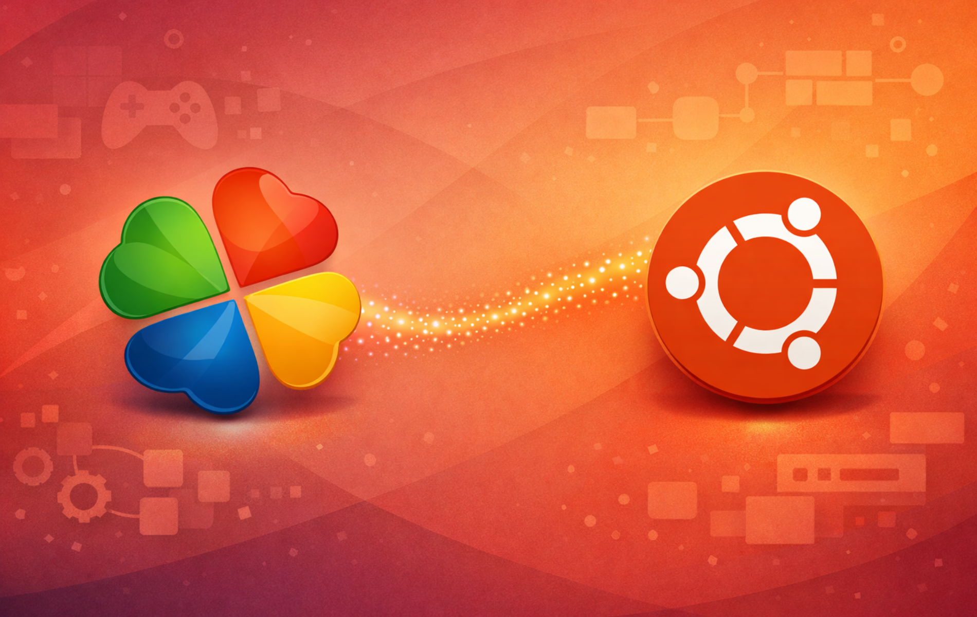 PlayOnLinux and Ubuntu logos on an orange background with gaming icons