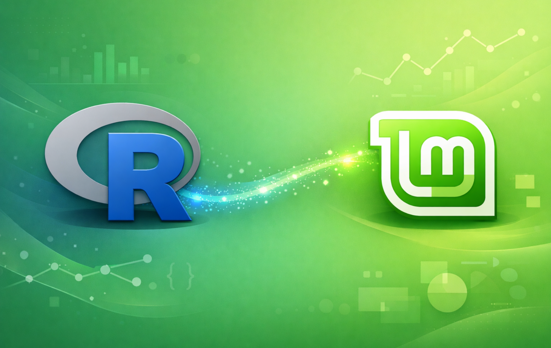 R programming language logo connected to Linux Mint logo with data visualization graphics