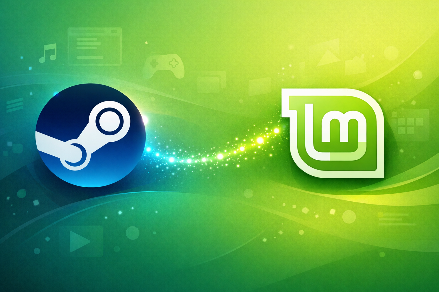 Steam logo and Linux Mint logo on a green gradient background with gaming icons