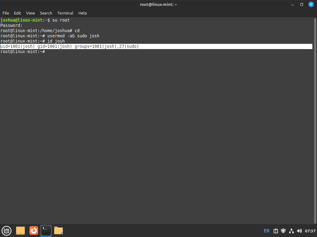 id command to check sudo added to new user on Linux Mint