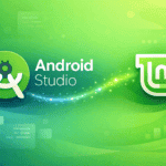 Android Studio and Linux Mint logos on a green development-themed background