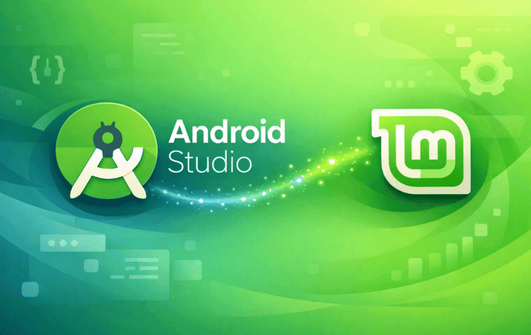 Android Studio and Linux Mint logos on a green development-themed background