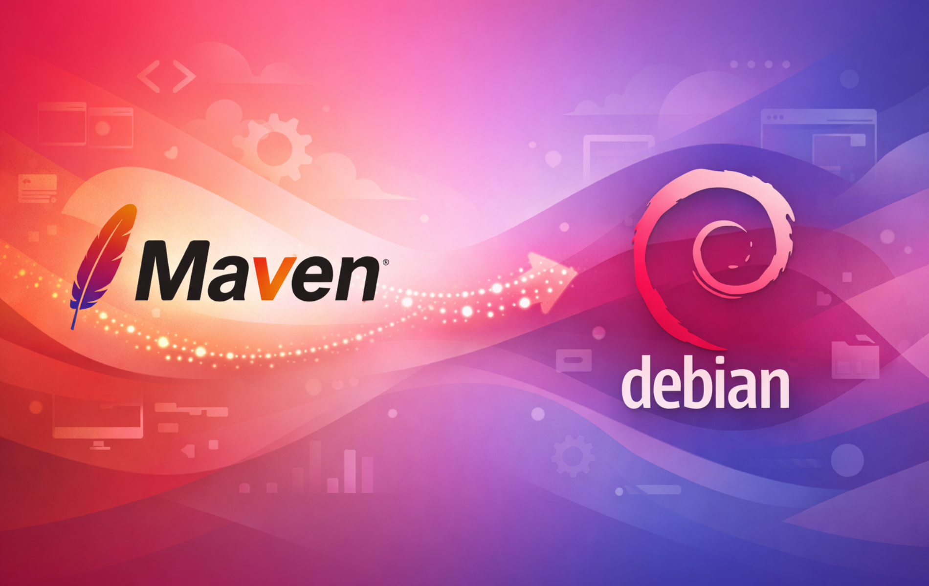 Apache Maven logo with feather icon connected to Debian swirl logo