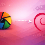 Darktable logo with colorful camera aperture design pointing to Debian swirl logo on gradient pink background