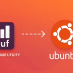 Duf disk usage utility logo with bar chart icon connected to Ubuntu logo on orange gradient background
