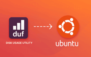 Duf disk usage utility logo with bar chart icon connected to Ubuntu logo on orange gradient background