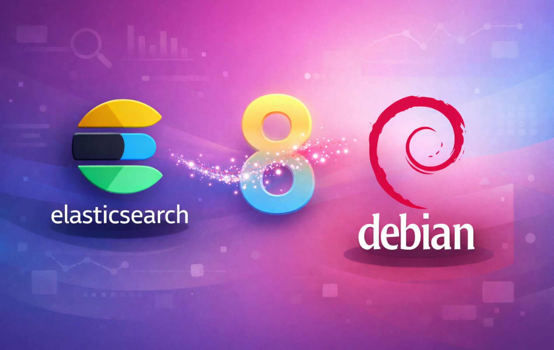 Elasticsearch 8 logo alongside Debian swirl logo on a purple gradient background with analytics graphics