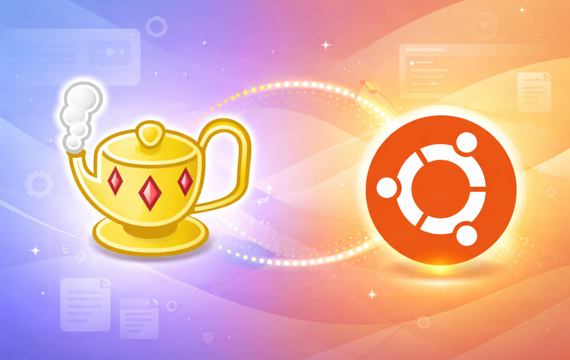 Geany IDE logo with golden teapot icon alongside the Ubuntu logo on a colorful gradient background with code editor elements.