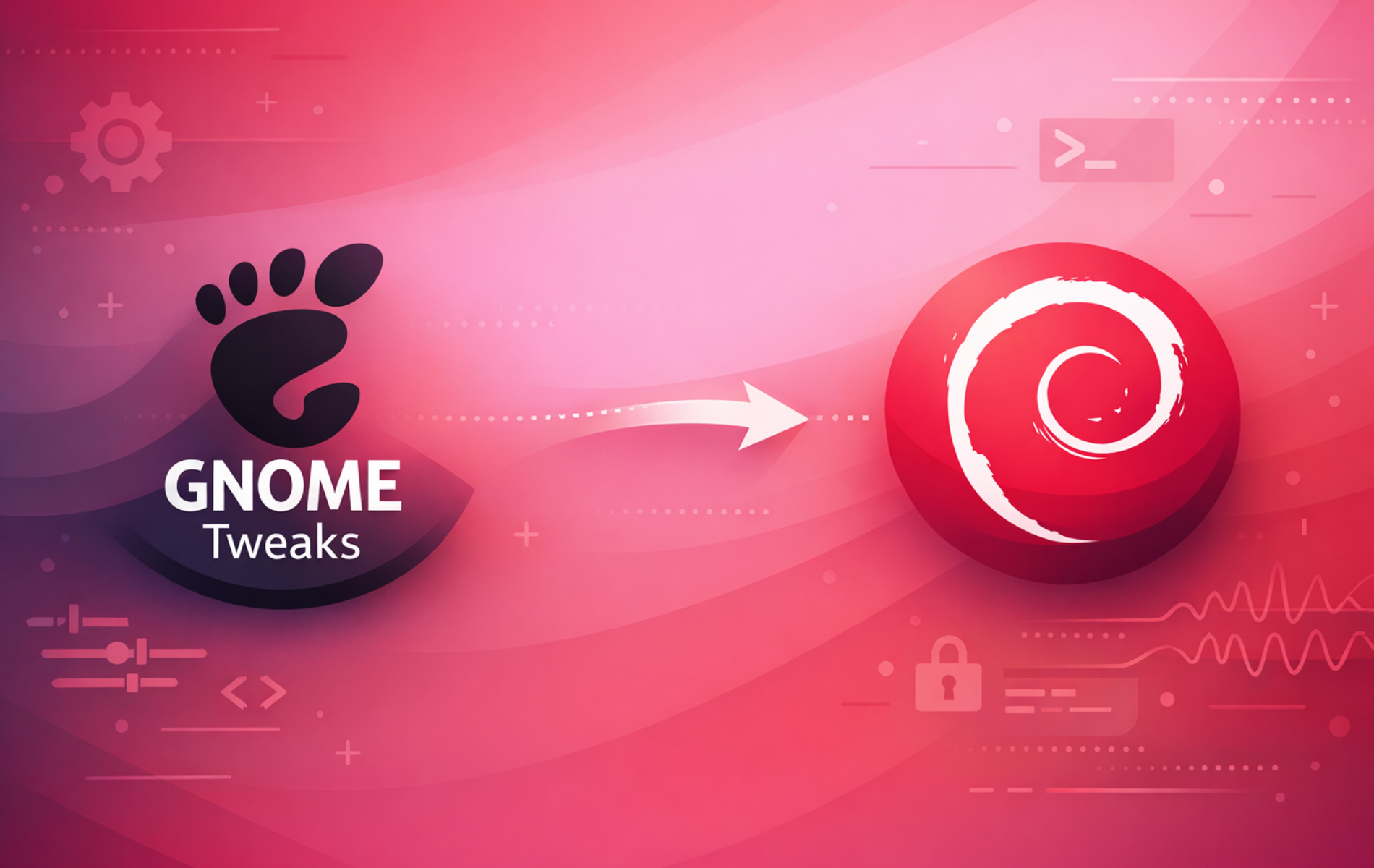 GNOME Tweaks logo with footprint icon and arrow pointing to Debian swirl logo on gradient background