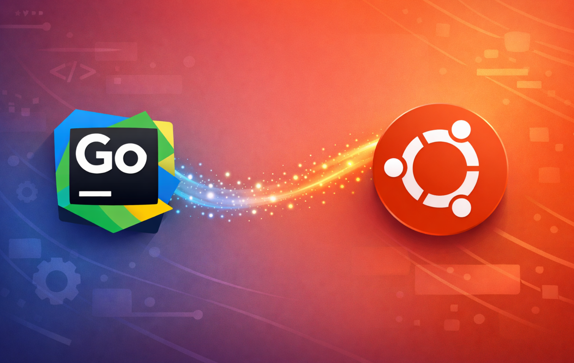 GoLand IDE logo alongside Ubuntu logo on a gradient background with code elements